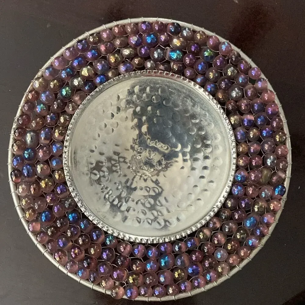 Vintage pier 1 hammered steel‎ and purple glass bead pillar candle holder